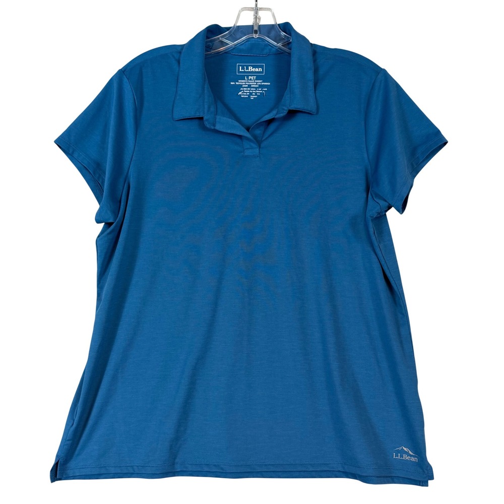 LL Bean Women Blue Active Performance Polo Shirt L Petite Gorpcore Athletic